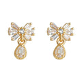 Gold Mini Bow Stud Earrings Clear Crystal Teardrop Drop view 5