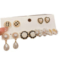 Gold Black White Enamel Rose Pearl Checker Heart Earring Set view 5