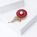 Red Enamel Flower Brooch Pearl Center Rhinestone Stem Pin view 3