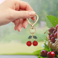 Red Cherry Enamel Heart Clasp Keychain Green Leaf Gold view 3