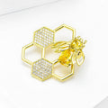 Gold Bee Honeycomb Rhinestone Brooch Yellow Crystal Pin view 3