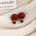 Dark Red Round and Faceted Square Front Back Stud Earrings view 6