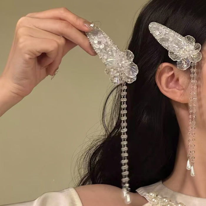 Crystal Rhinestone Flower Duckbill Hair Clip Pearl Bead Tassel