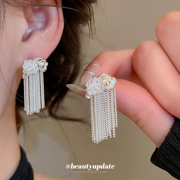 Pearl Bow and Chain Tassel Earrings Statement Jewelry Design