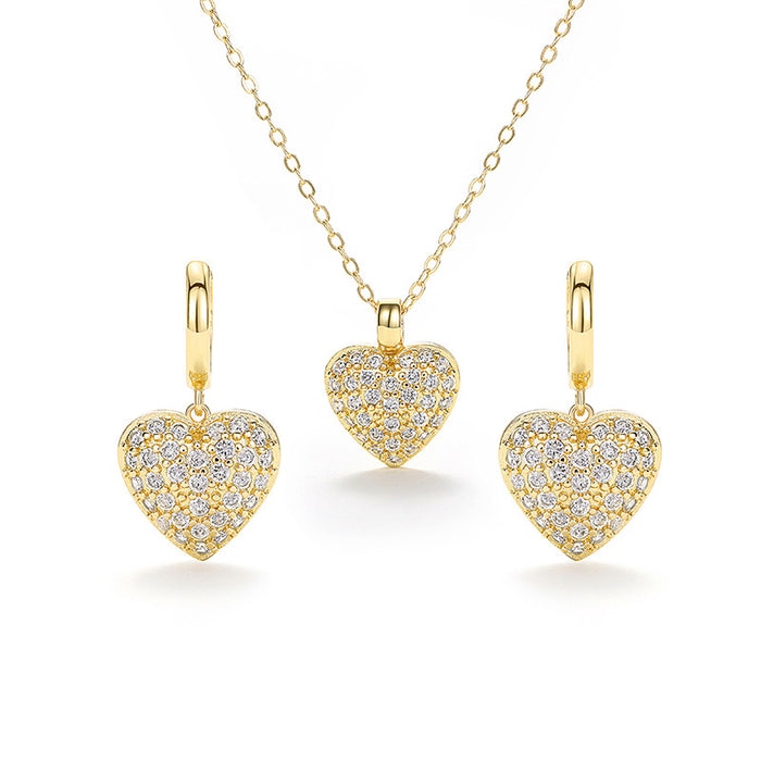 Gold Pave Heart Pendant Necklace Drop Earrings Set