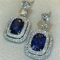Silver Blue Cushion Double Halo Drop Earrings Alloy view 2