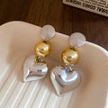Two Tone Metal Ball and Puffy Heart Drop Stud Earrings view 6
