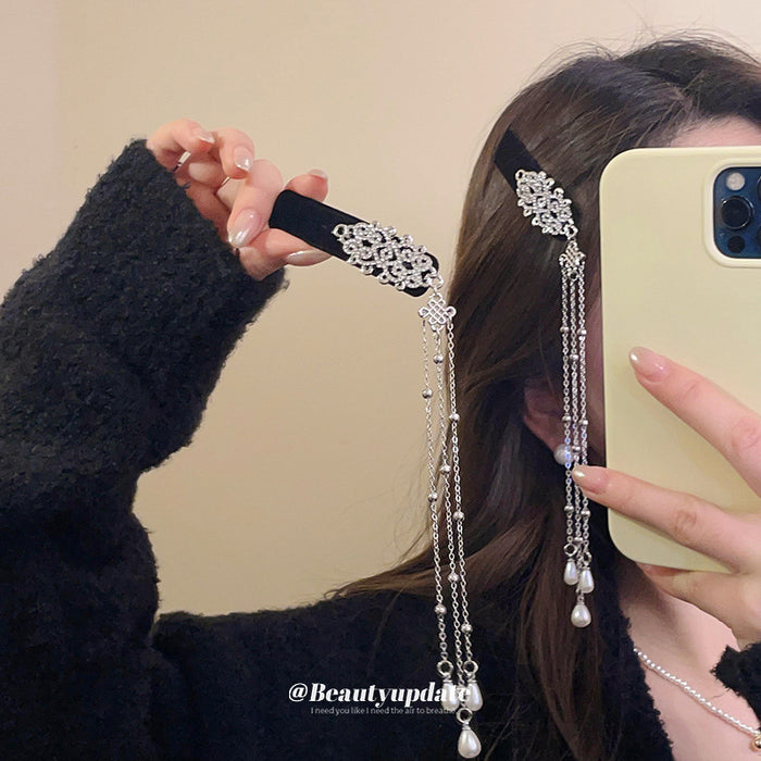 Black Velvet Silver Filigree Hair Clip With Long Pearl Like Tassels