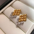 Gold Tone Diamond Cluster Stud Earrings With Pearl Fringe view 2