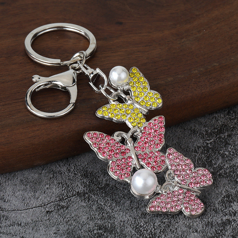 Pearl Butterfly Rhinestone Keychain Metal Car Key Ring Bag Charm
