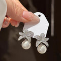 Silver Tone Flower Leaf Clear CZ Pearl Drop Earrings view 3