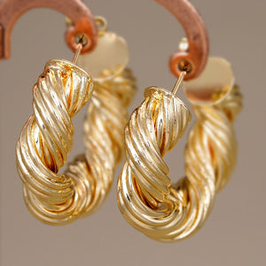 Gold Tone Ribbed Twist Open Hoop Earrings Polished Statement Fashion Jewelry
