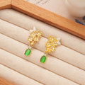 Green Floral Leaf Gold Tone Long Dangle Stud Earrings view 4