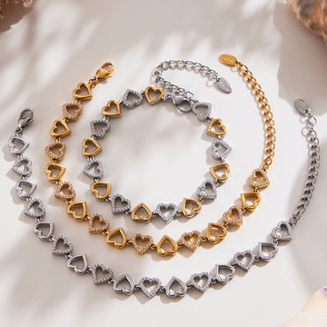 Crystal Heart Necklace and Bracelet in Three Metal Finishes