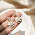 White Camellia Flower Drop Earrings Gold Tone Pearl Crystal Studs view 3