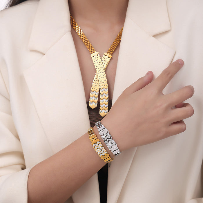 Chevron Mesh Multi-Strand Necklace Bracelet Gold Steel