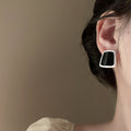 Black Inlay Geometric Trapezoid Silver Tone Stud Earrings view 4