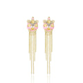 Pastel Pink Lion Dance Gold Tone Long Chain Tassel Earrings view 5