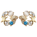 Gold Tone Starfish Shell And Aqua Stone Cluster Stud Earrings view 5