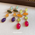 Multicolor Oval Resin Cabochon Long Dangle Earrings view 2