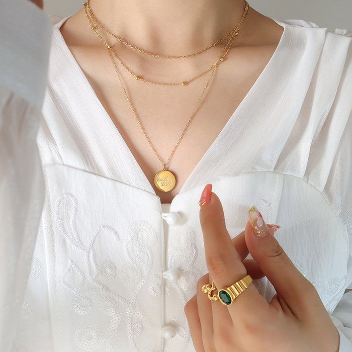 Triple Layer Good Luck Disc Pendant Necklace Three Tones