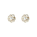 Gold Mother of Pearl Camellia Pearl Center Stud Earrings view 5