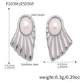 Fan Shell Pearl Stud Earrings Gold And Steel Tone Pair view 7