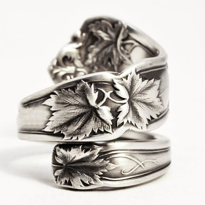 Antique Silver Tone Wide Embossed Leaf Scroll Wrap Ring
