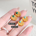 Gold Round Embossed Stud Earrings Green Or Blue Stone view 3