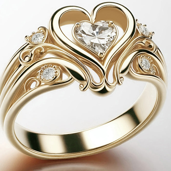 Gold-Tone Open Heart Clear Stone Scroll Finger Ring Sizes 6-10