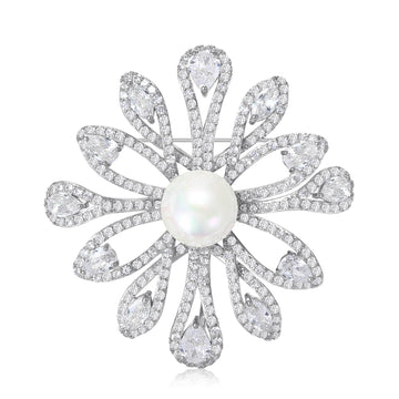 Pearl Flower Brooch Micro Pave Zircon Gold or Silver