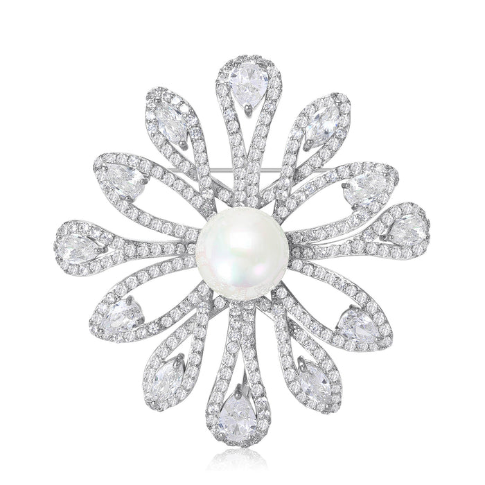 Pearl Flower Brooch Micro Pave Zircon Gold or Silver
