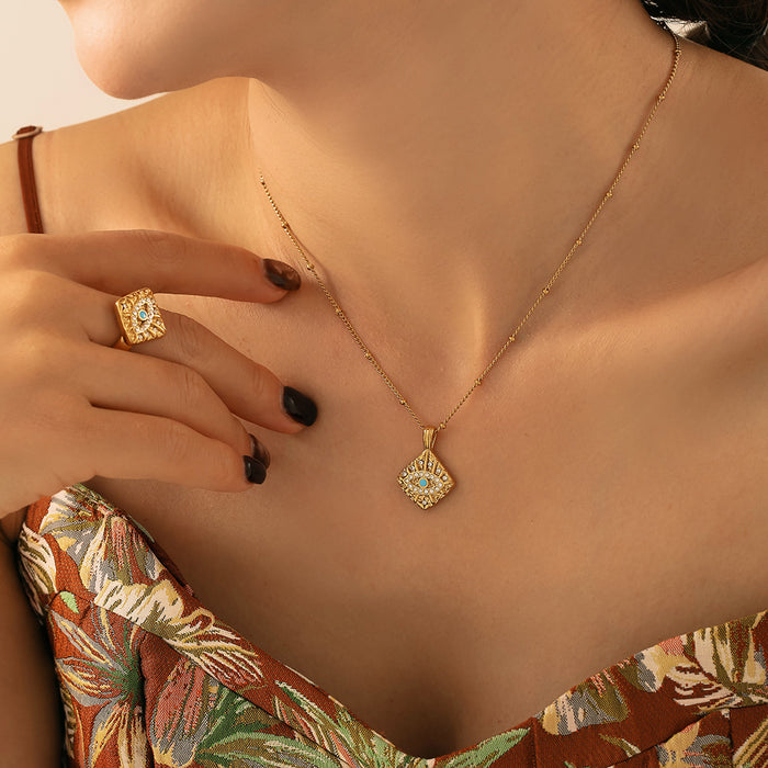 Gold Square Evil Eye Pendant Necklace Matching Ring Set