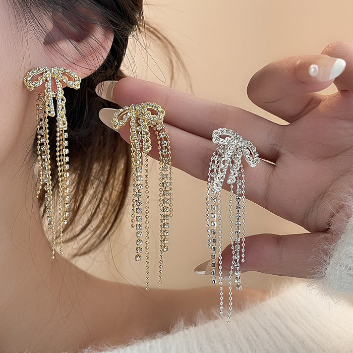 Gold Bow Fine Chain Extra Long Tassel Stud Earrings