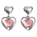 Silver Tone Pink Pearlescent Heart Double Frame Drop Stud Earrings view 5