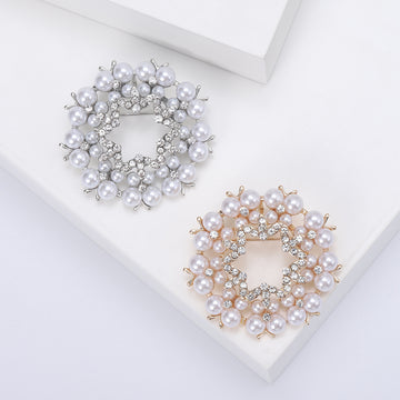 Hexagonal Floral Wreath Brooch with Faux Pearls Decorative Lapel Pin