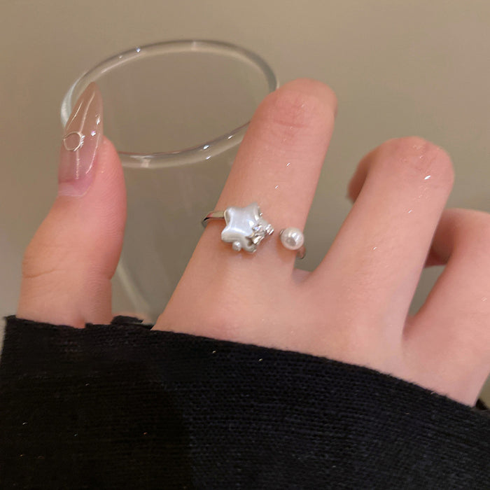 Silver Open Ring Star Pearl Accent Crystal Side Stones