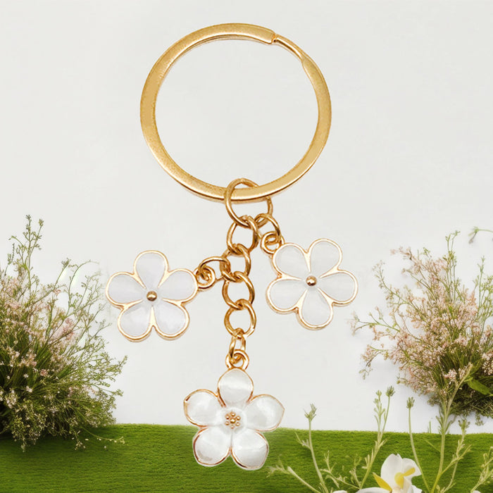 White Sakura Flower Enamel Charm Keychain with Gold Tone Ring