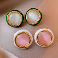 Green And Gold Rim Round Stud Earrings With White Centers view 3