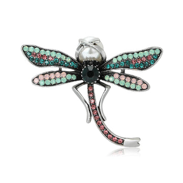 Curved Dragonfly Brooch With Pearl and Pastel Crystal Wings