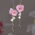Gold Tone Pink Flower White Blossom And Long Wire Hook Earrings view 4