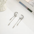 Silver Crescent Moon Star Crystal Chain Drop Earrings view 3