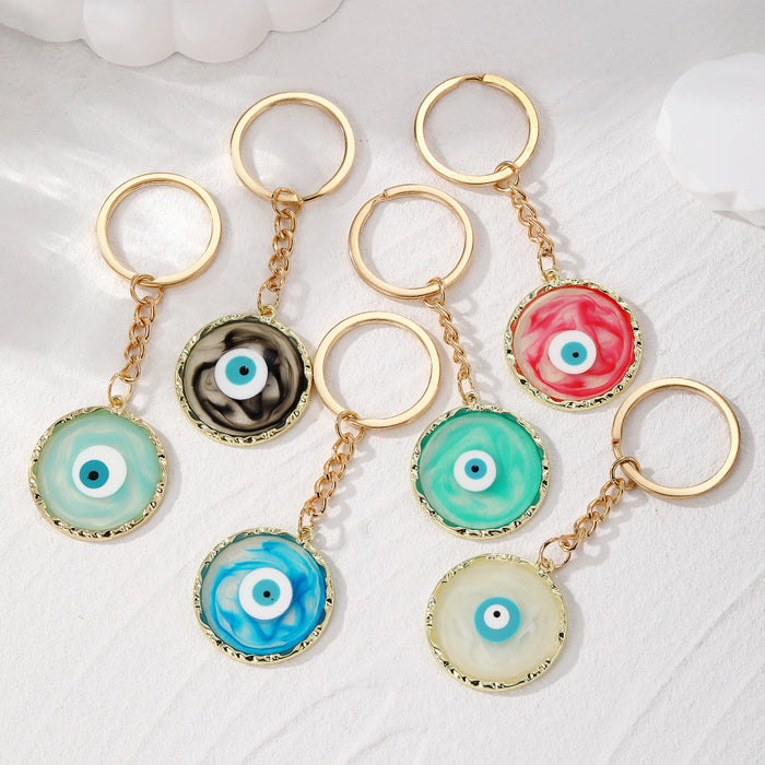 Gold Tone Marbled Round Evil Eye Split Ring Keychains in Six Colors