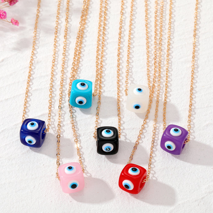 Gold Tone Colorful Cube Blue Evil Eye Pendant Necklaces in Seven Colors