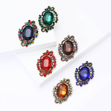 Large Oval Crystal Scroll Brooch in Six Jewel Tone Colors