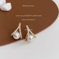 Gold Tone Clear Stone Pointed Frame Pearl Like Stud Earrings view 2