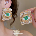Gold Tone Pearl Framed Green Eye Stud Earrings Fashion Jewelry view 1
