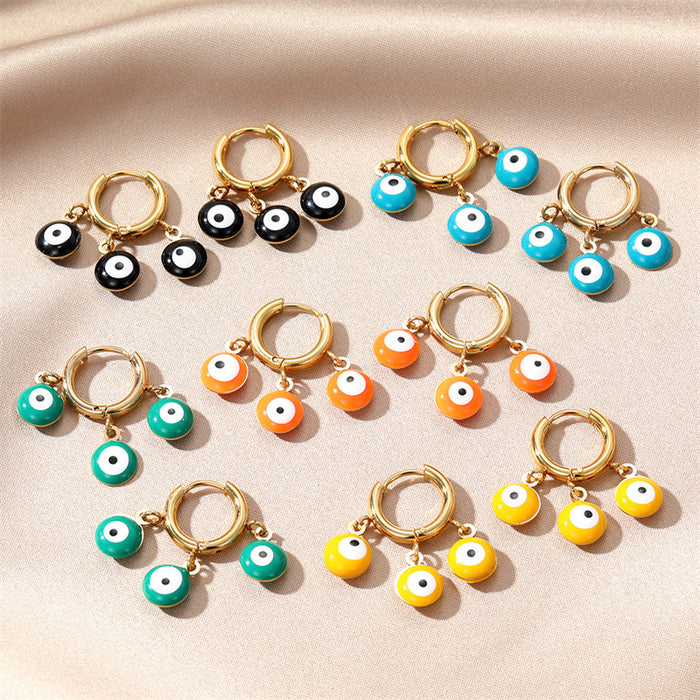Gold Tone Triple Evil Eye Bead Huggie Drop Earrings in Five Colors