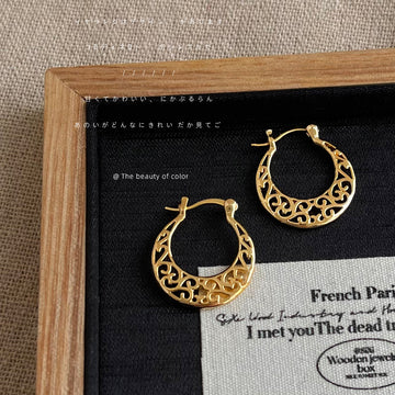 Gold Hollow Floral Filigree Crescent Hoop Earrings Latch
