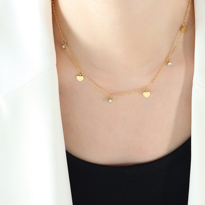 Heart Discs And Clear Zircon Station Charm Necklace Chain